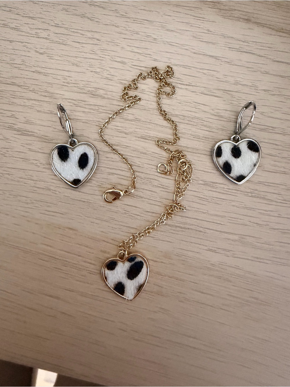 Brandy Melville Gold Heart Necklace and Earrings with Black-and-White Cow Print